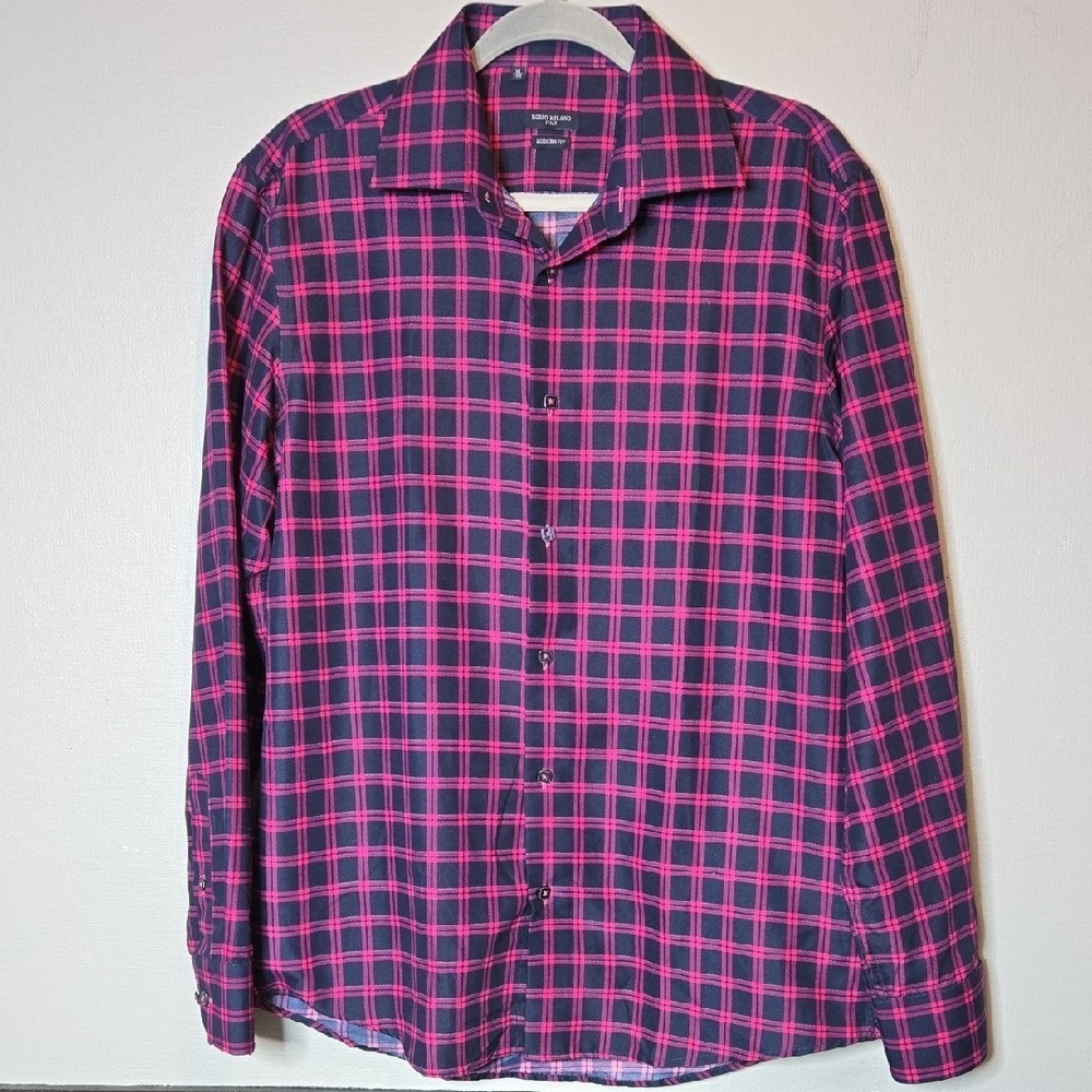 Rosso Milano Italy Modern Fit Plaid Button Down Shirt, Preppy, Blue Pink, Medium